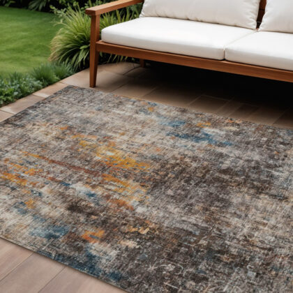 8' X 10' Taupe Chocolate And Copper Abstract Washable Indoor Outdoor Area Rug