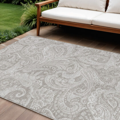 8' X 10' Taupe Beige And Ivory Paisley Washable Indoor Outdoor Area Rug