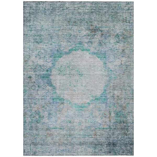 3' X 5' Teal Blue Aqua And Gray Oriental Washable Indoor Outdoor Area Rug