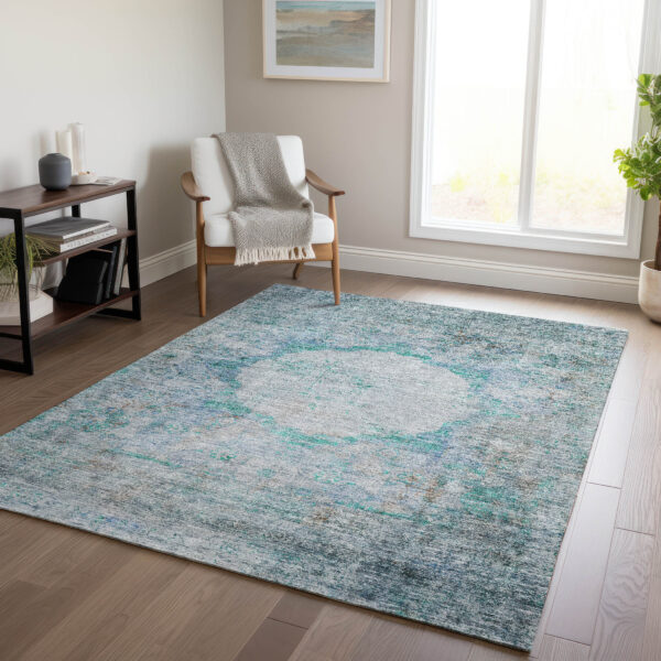 3' X 5' Teal Blue Aqua And Gray Oriental Washable Indoor Outdoor Area Rug