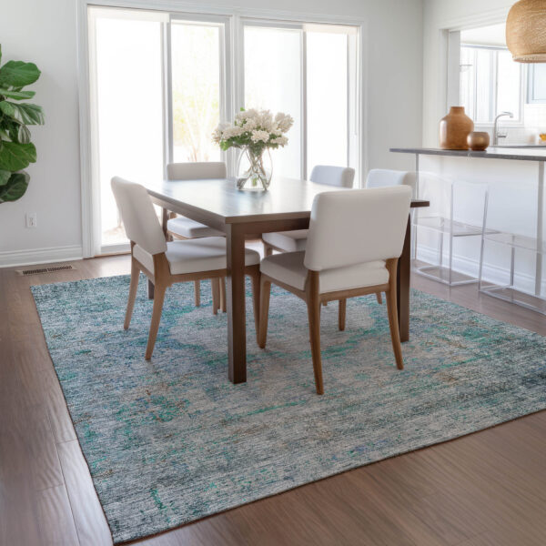 3' X 5' Teal Blue Aqua And Gray Oriental Washable Indoor Outdoor Area Rug