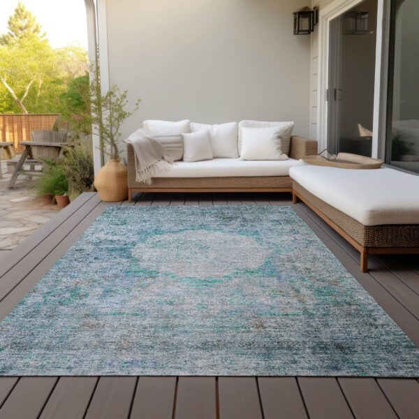 3' X 5' Teal Blue Aqua And Gray Oriental Washable Indoor Outdoor Area Rug