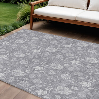 8' X 10' Gray Silver And Ivory Floral Washable Indoor Outdoor Area Rug