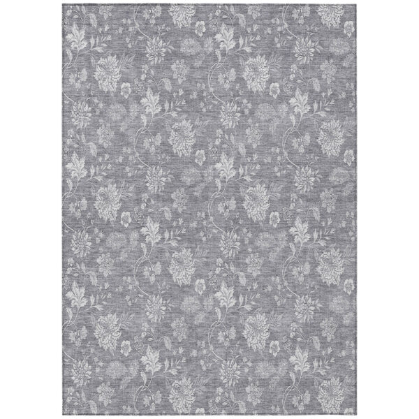 8' X 10' Gray Silver And Ivory Floral Washable Indoor Outdoor Area Rug