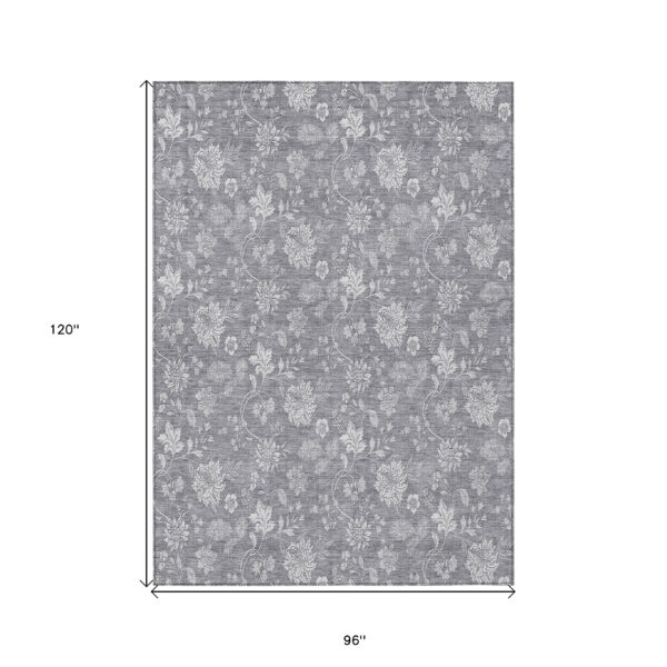 8' X 10' Gray Silver And Ivory Floral Washable Indoor Outdoor Area Rug