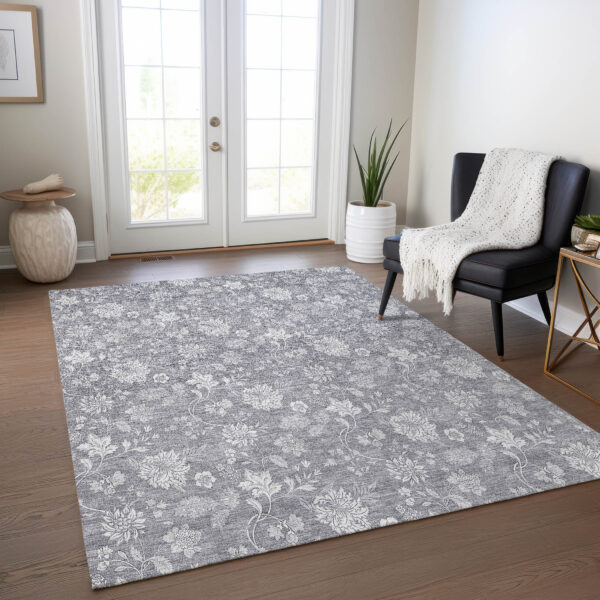 8' X 10' Gray Silver And Ivory Floral Washable Indoor Outdoor Area Rug