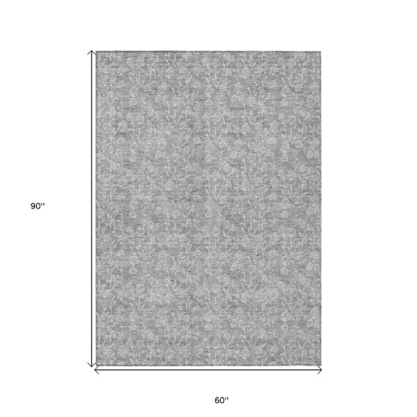 5' X 8' Silver And Ivory Floral Washable Indoor Outdoor Area Rug