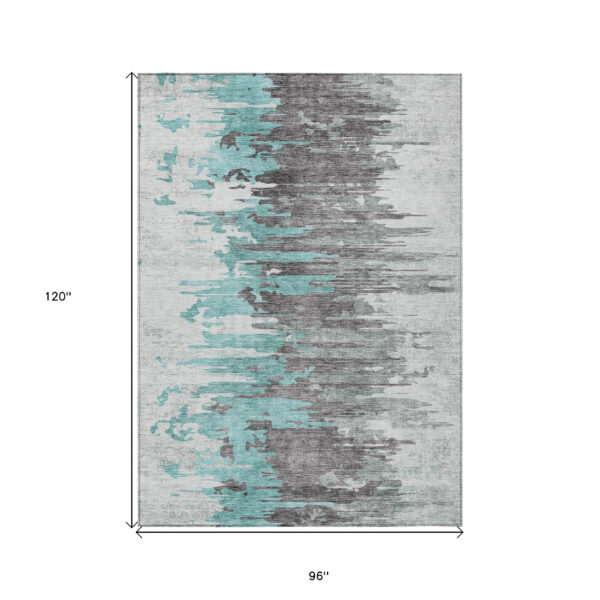 8' X 10' Teal Blue Charcoal And Silver Abstract Washable Indoor Outdoor Area Rug