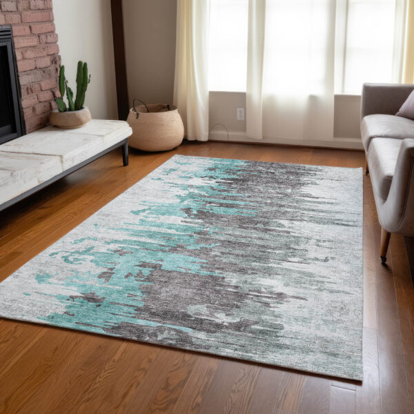 8' X 10' Teal Blue Charcoal And Silver Abstract Washable Indoor Outdoor Area Rug