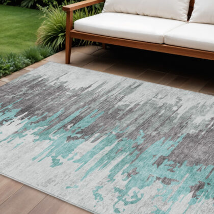 8' X 10' Teal Blue Charcoal And Silver Abstract Washable Indoor Outdoor Area Rug