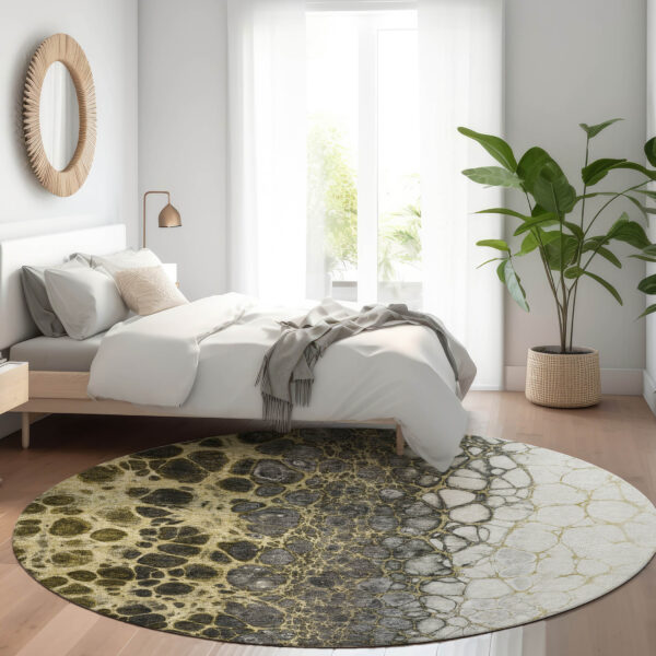 8' Beige Taupe And Chocolate Round Abstract Washable Indoor Outdoor Area Rug