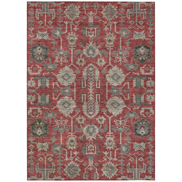 8' X 10' Red Beige And Charcoal Oriental Washable Indoor Outdoor Area Rug