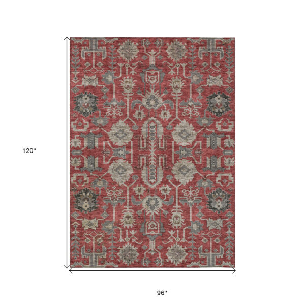 8' X 10' Red Beige And Charcoal Oriental Washable Indoor Outdoor Area Rug