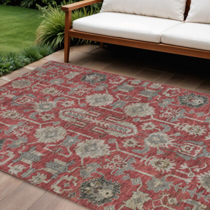 8' X 10' Red Beige And Charcoal Oriental Washable Indoor Outdoor Area Rug