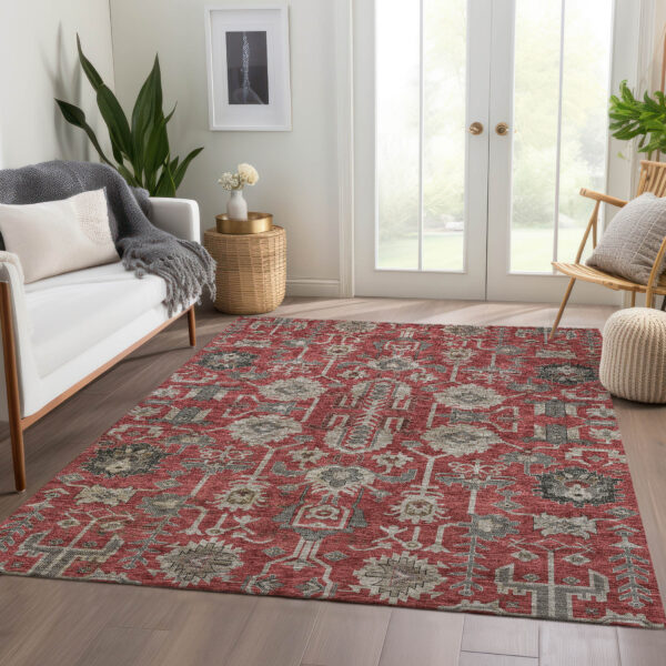 8' X 10' Red Beige And Charcoal Oriental Washable Indoor Outdoor Area Rug