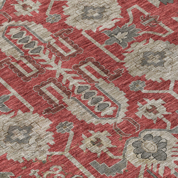 8' X 10' Red Beige And Charcoal Oriental Washable Indoor Outdoor Area Rug