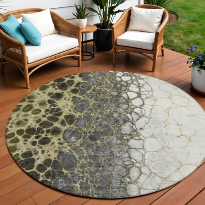 8' Beige Taupe And Chocolate Round Abstract Washable Indoor Outdoor Area Rug