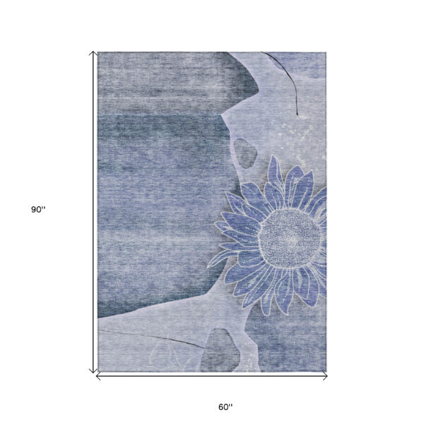 5' X 8' Sky Blue And Indigo Floral Washable Indoor Outdoor Area Rug