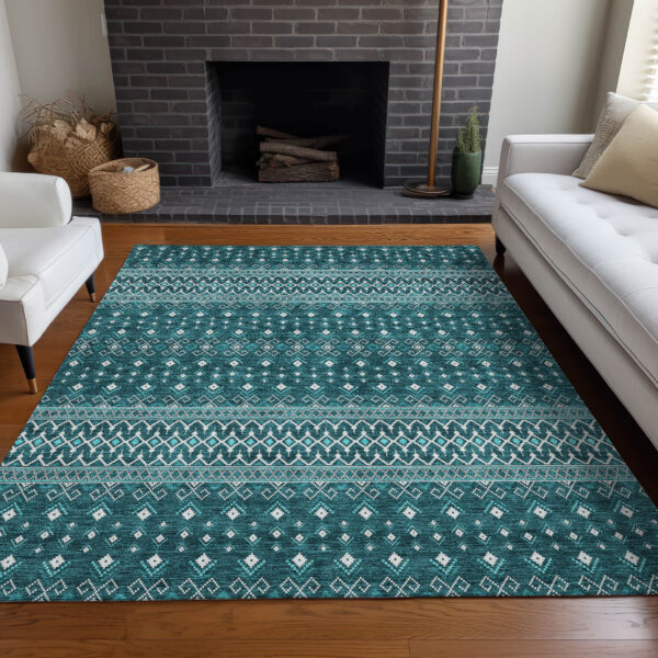 5' X 8' Teal Blue Aqua And Ivory Tribal Washable Indoor Outdoor Area Rug
