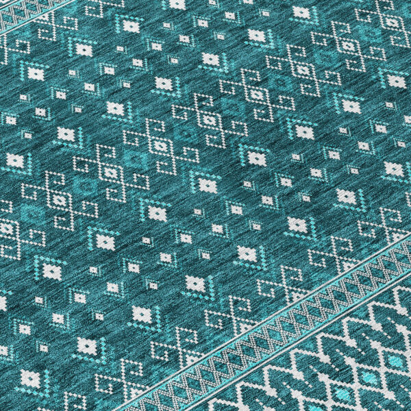 5' X 8' Teal Blue Aqua And Ivory Tribal Washable Indoor Outdoor Area Rug