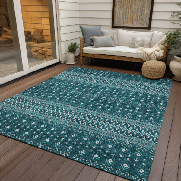 5' X 8' Teal Blue Aqua And Ivory Tribal Washable Indoor Outdoor Area Rug