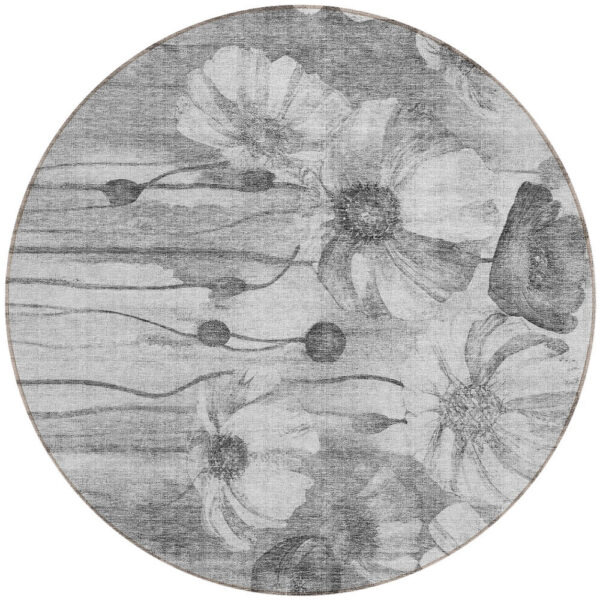 8' Gray Charcoal And Silver Round Floral Washable Indoor Outdoor Area Rug