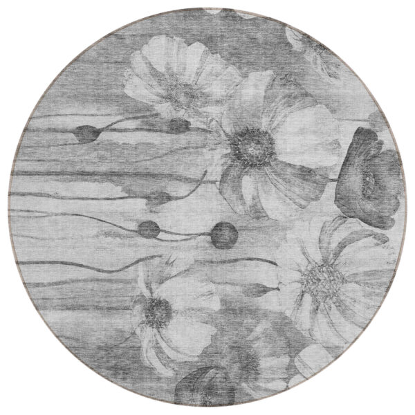 8' Gray Charcoal And Silver Round Floral Washable Indoor Outdoor Area Rug