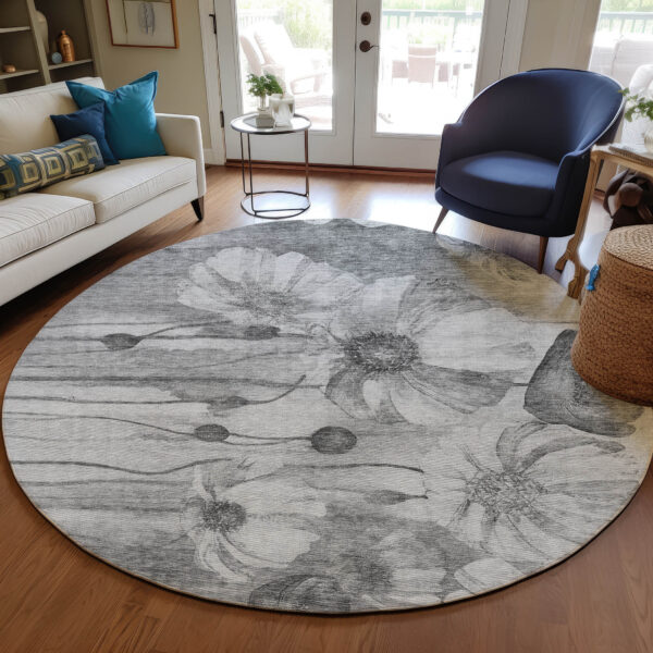 8' Gray Charcoal And Silver Round Floral Washable Indoor Outdoor Area Rug