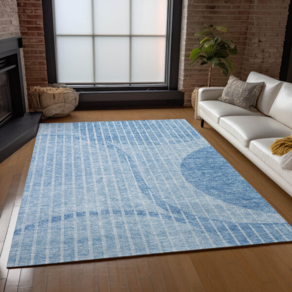 8' X 10' Denim Blue And Sky Blue Striped Washable Indoor Outdoor Area Rug