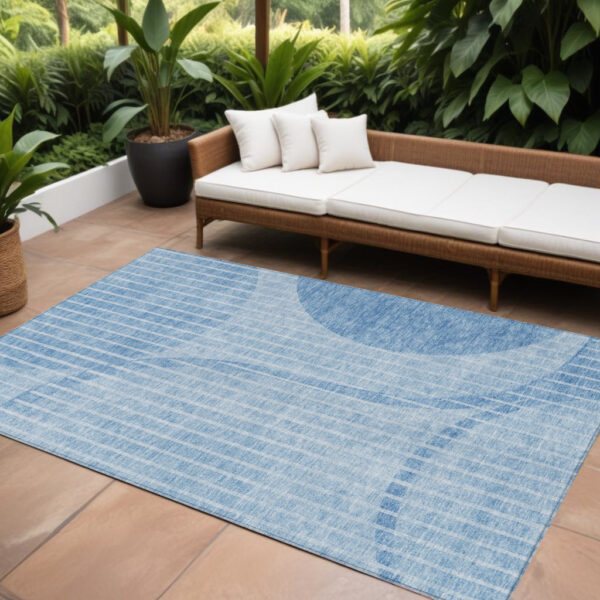 8' X 10' Denim Blue And Sky Blue Striped Washable Indoor Outdoor Area Rug