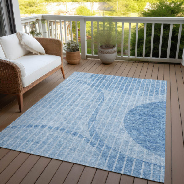 8' X 10' Denim Blue And Sky Blue Striped Washable Indoor Outdoor Area Rug