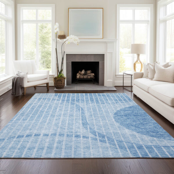 8' X 10' Denim Blue And Sky Blue Striped Washable Indoor Outdoor Area Rug