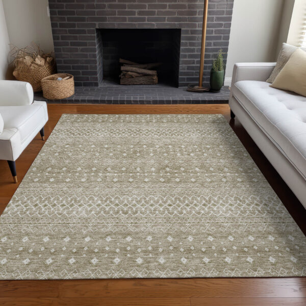 8' X 10' Taupe Green And Ivory Tribal Washable Indoor Outdoor Area Rug