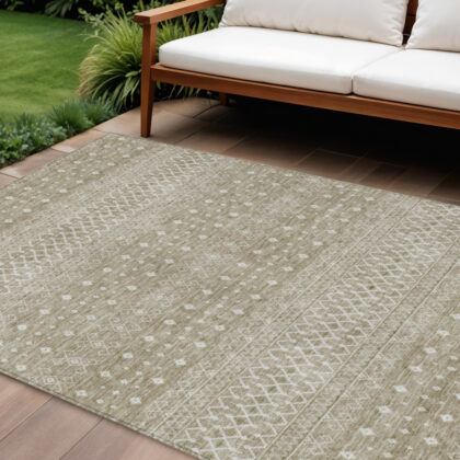 8' X 10' Taupe Green And Ivory Tribal Washable Indoor Outdoor Area Rug