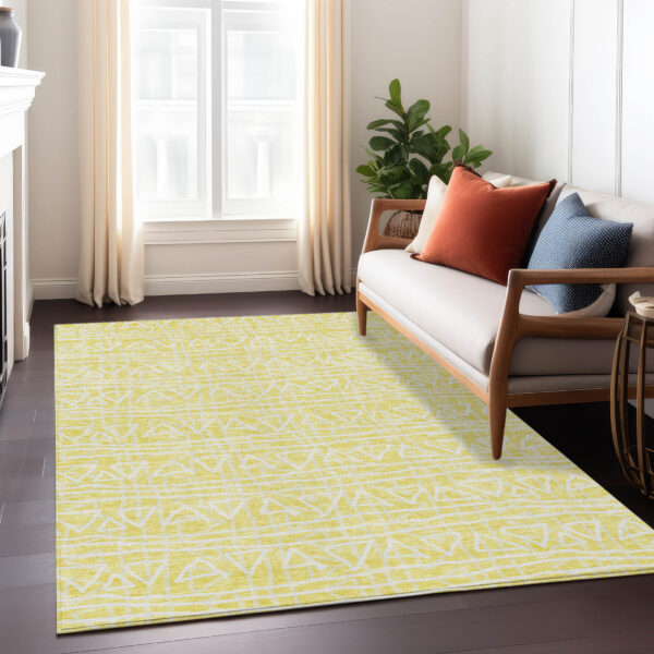 5' X 8' Yellow And Ivory Geometric Washable Indoor Outdoor Area Rug