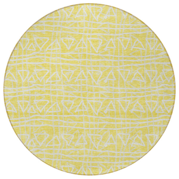8' Yellow And Ivory Round Geometric Washable Indoor Outdoor Area Rug