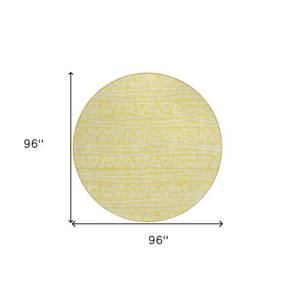 8' Yellow And Ivory Round Geometric Washable Indoor Outdoor Area Rug