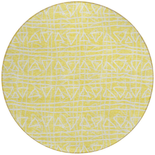 8' Yellow And Ivory Round Geometric Washable Indoor Outdoor Area Rug
