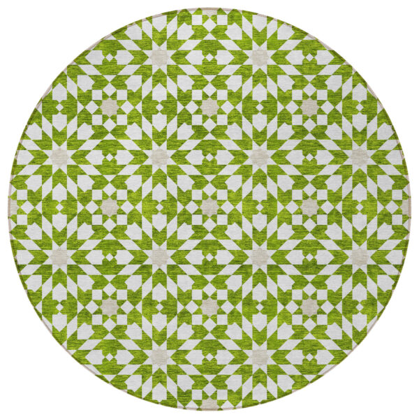 8' Lime Green Ivory And Beige Round Floral Medallion Washable Indoor Outdoor Area Rug