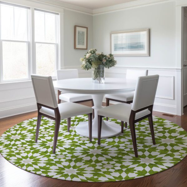 8' Lime Green Ivory And Beige Round Floral Medallion Washable Indoor Outdoor Area Rug