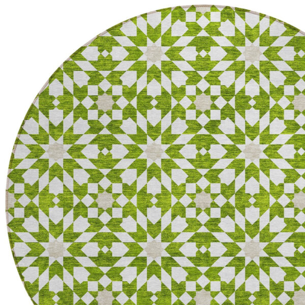 8' Lime Green Ivory And Beige Round Floral Medallion Washable Indoor Outdoor Area Rug