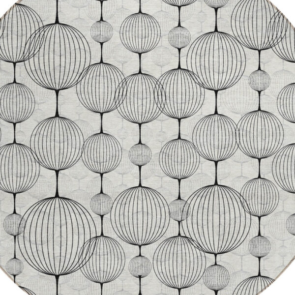 8' Graphite Gray And Silver Round Geometric Washable Indoor Outdoor Area Rug