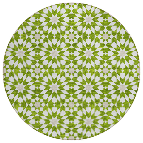 8' Lime Green Ivory And Beige Round Floral Medallion Washable Indoor Outdoor Area Rug
