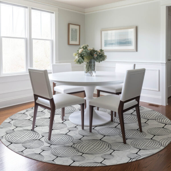 8' Graphite Gray And Silver Round Geometric Washable Indoor Outdoor Area Rug