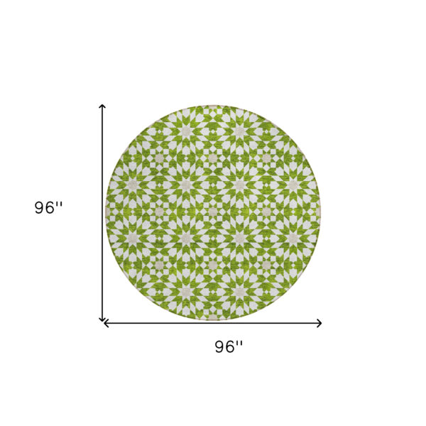 8' Lime Green Ivory And Beige Round Floral Medallion Washable Indoor Outdoor Area Rug