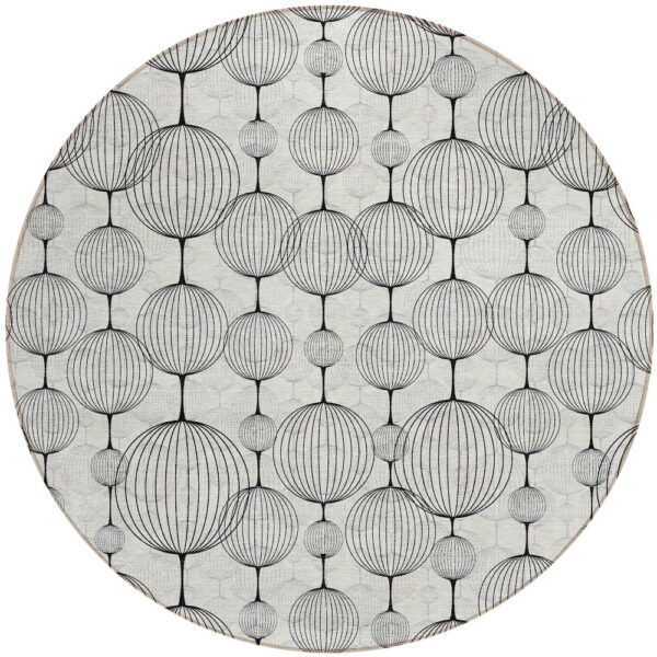 8' Graphite Gray And Silver Round Geometric Washable Indoor Outdoor Area Rug