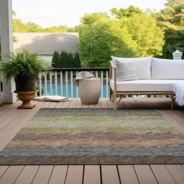 9' X 12' Chocolate Gray And Green Striped Washable Indoor Outdoor Area Rug