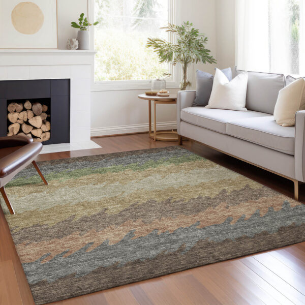 9' X 12' Chocolate Gray And Green Striped Washable Indoor Outdoor Area Rug