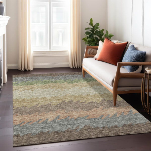 9' X 12' Chocolate Gray And Green Striped Washable Indoor Outdoor Area Rug