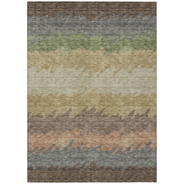 9' X 12' Chocolate Gray And Green Striped Washable Indoor Outdoor Area Rug